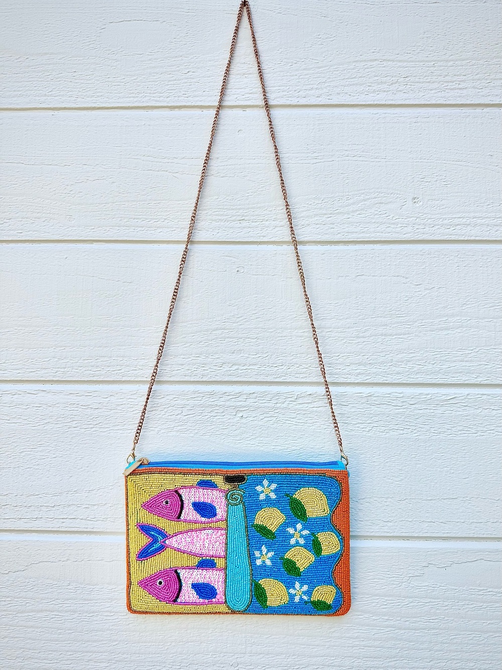 Hand Beaded Fish & Lemon Motif Crossbody Bag - Blue & Multi Gold Chain Strap.